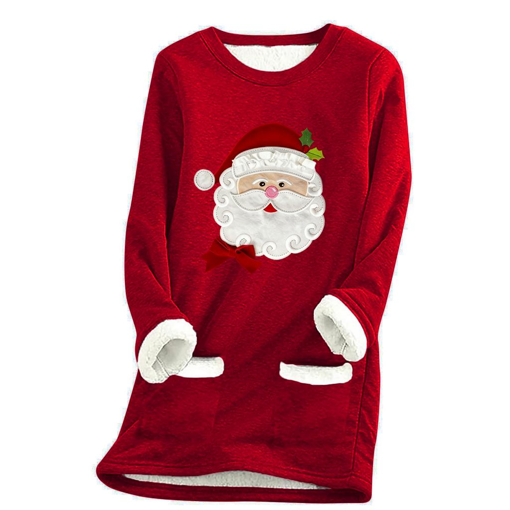 Damska luźna i wygodna bluzka z okrągłym dekoltem i nadrukiem świątecznym, z kieszeniami i długim rękawem