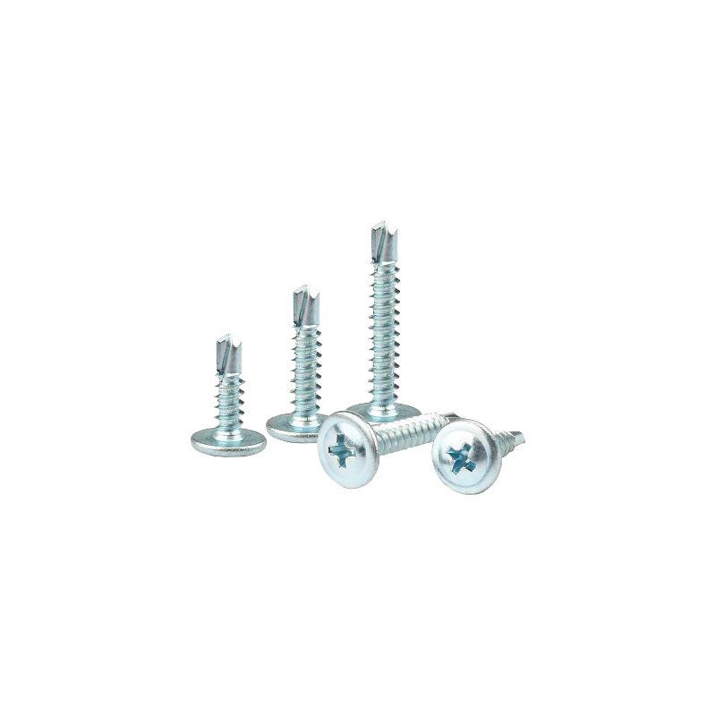 Galvanized Carbon Steel Cross-Head Round Screw with Washer, Flat Head, Self-Tapping & Self-Drilling Fishtail Design