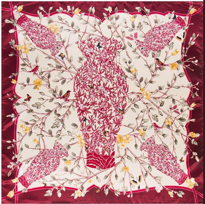 90*90cm  Luxury Brand Women Chinese Silk Floral  Scarfs Female European Style Square Scarves Spring Summer Shawls For Ladies