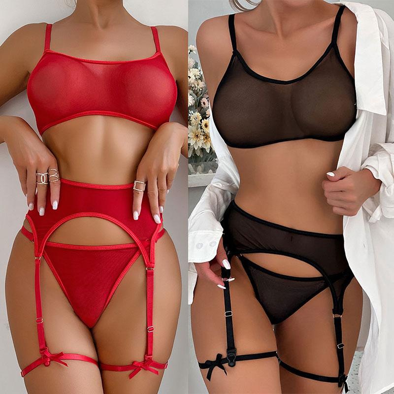 3-Piece Sexy Bandage Exotic Sets Mesh Transparent Kit Garter Solid Color Bra + Panty Set Straps Lingerie Fancy Underwear