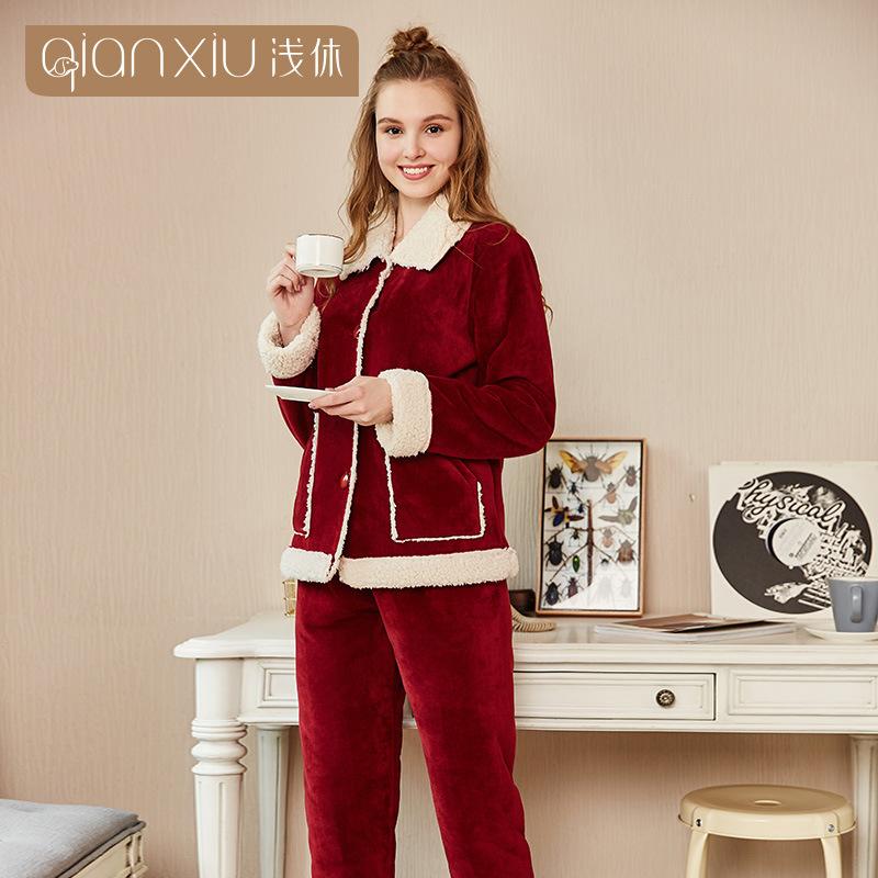 [Verschiedene Stile] Kompound-Imitations-Lammwoll-Pyjama Winter Samt Verdickt Pelz Integrierte Loungewear Hellrot