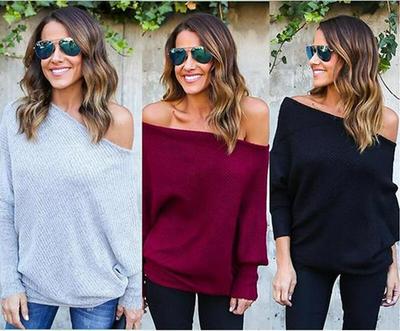 European & American Fall/Winter Sexy Off-Shoulder Batwing Sleeve Knitted Sweater for Women