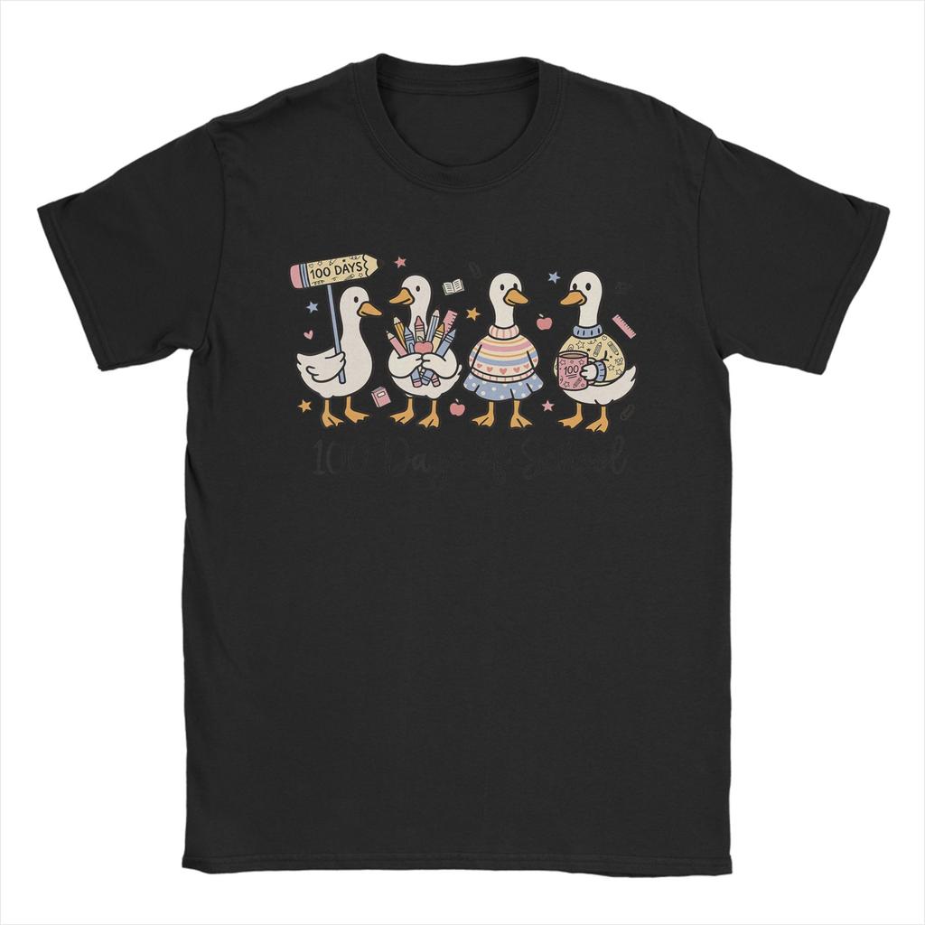 Vintage 100 Days of School Ducks Cute Goose Teacher 100th Day TShirts Unisex Round Collar Pure Cotton T Shirts Short Sleeve