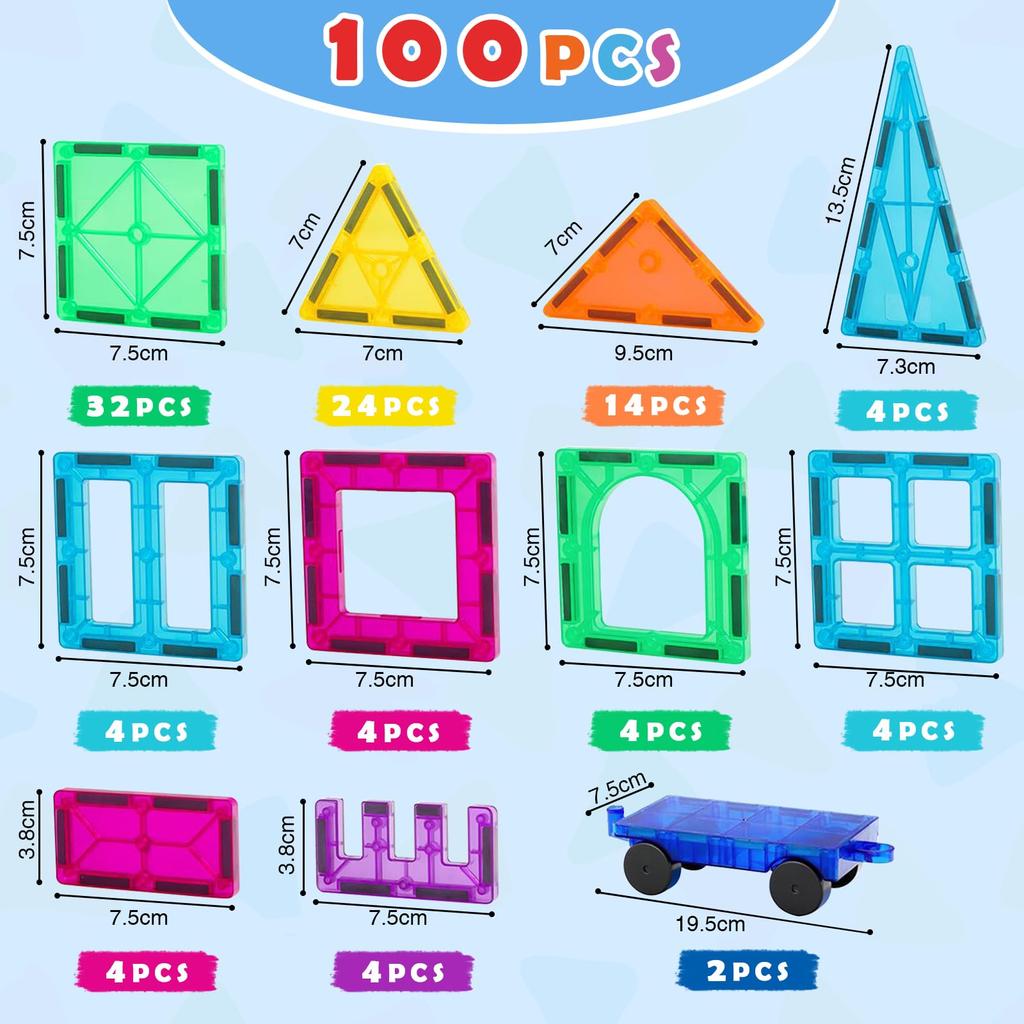 Gemmicc Magnetic Tiles and Building Blocks for Educational Magnetic Building Blocks for Boys and Includes 2 Vehicles 100-Piece Kids, STEM-Approved