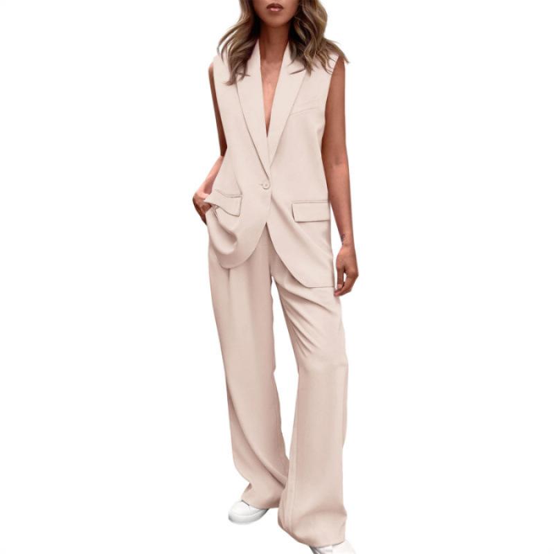 Amazon Cross-border 2025 Spring and Autumn New Elegant Sleeveless Button Suit Women s Loose Long Pants Set Wholesale S