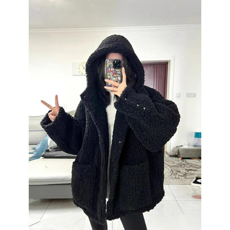 

Черный Искусственный Мех Ягненка Капюшон Защита Окружающей Среды Мех Женский Зимний Толстый Мех Цельный Меховое Пальто Кардиган Топ Женский L чёрный