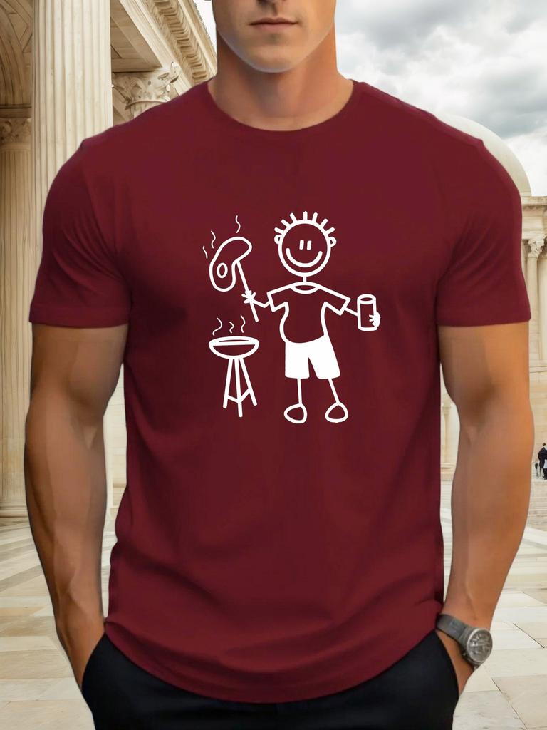 Men's Casual Figure Barbecue Print Summer 100% Pure Cotton Round Neck Short Sleeved Daily Outdoor Loose Oversized T-shirt