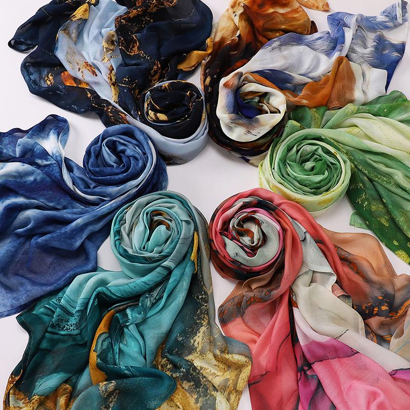 Boho Watercolor Soft Muslim Hijabs Women Floral Breathable Shawl Wrap Scarf Hijab Floral Print Ramadan Headscarf Islamic Turban