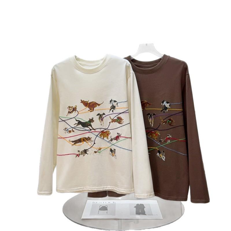 ID Podzimní Retro Štěně Potisk Vyšívané Tričko s Dlouhým Rukávem