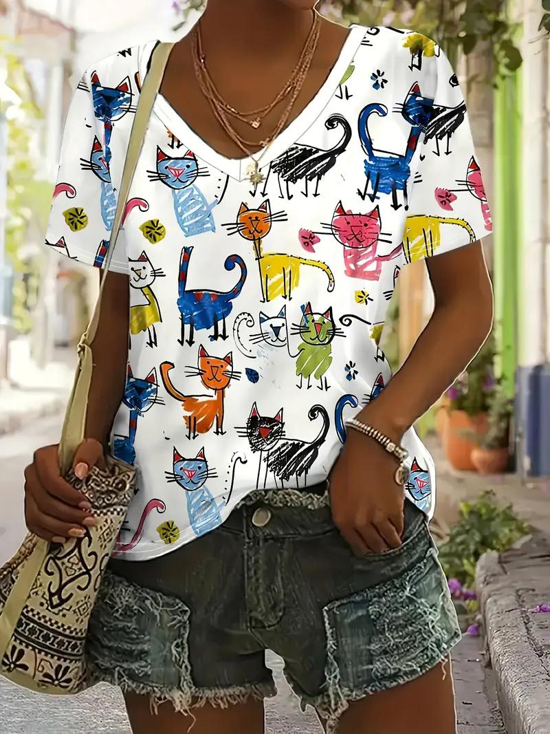 Fashion Cartoon Animal 3D Print T-Shirts Women Street V-Neck Short Sleeve T Shirt Y2K Casual Tees Harajuku Tops Female Clothing S