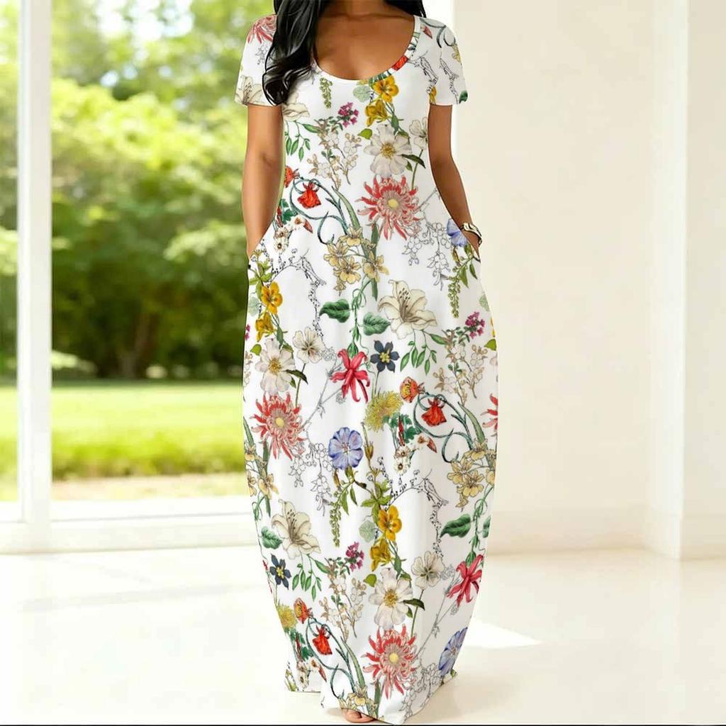 Women Loose Fitting Round Neck Dress Short Sleeve Plus Size Apparel For Summer Casual Daily Activities