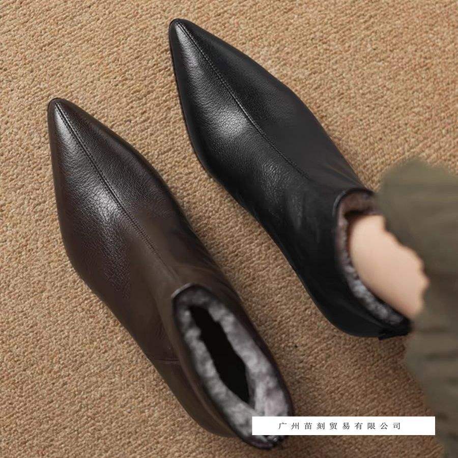 Winter High Heels Women's Leather Pointed Toe Stiletto Short Boots Temperament Brown Lamb Wool Snow Boots Women's Boots