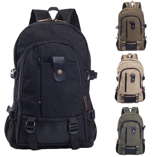 Casual Solid Color Large Capacity Zipper Rucksack Men Travel Canvas Bag Backpack
