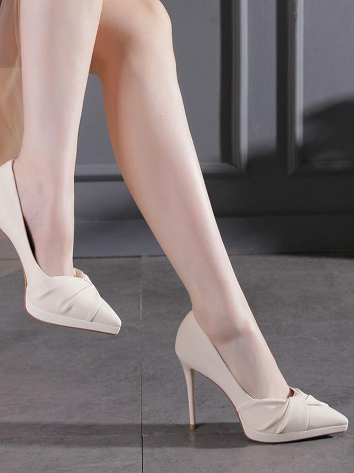 Pointed thin heel waterproof table high heels, spring and autumn 2025 new French celebrity beige light mouth temperament single shoes women