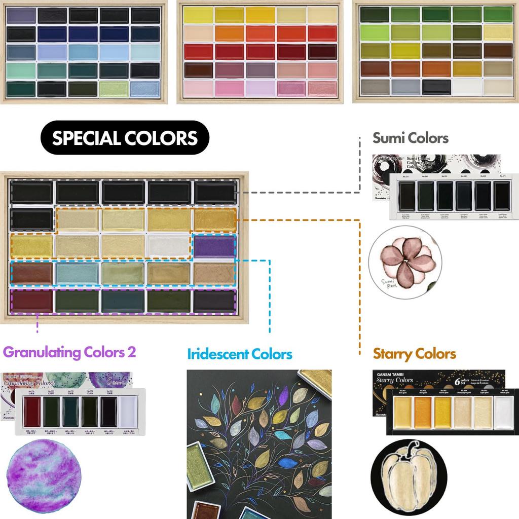 Kuretake Gansai Tanbi Set Paulownia Holz Vier Edle Farben, 100-Farben 4, Kasten, Muster, MC20/100WD4