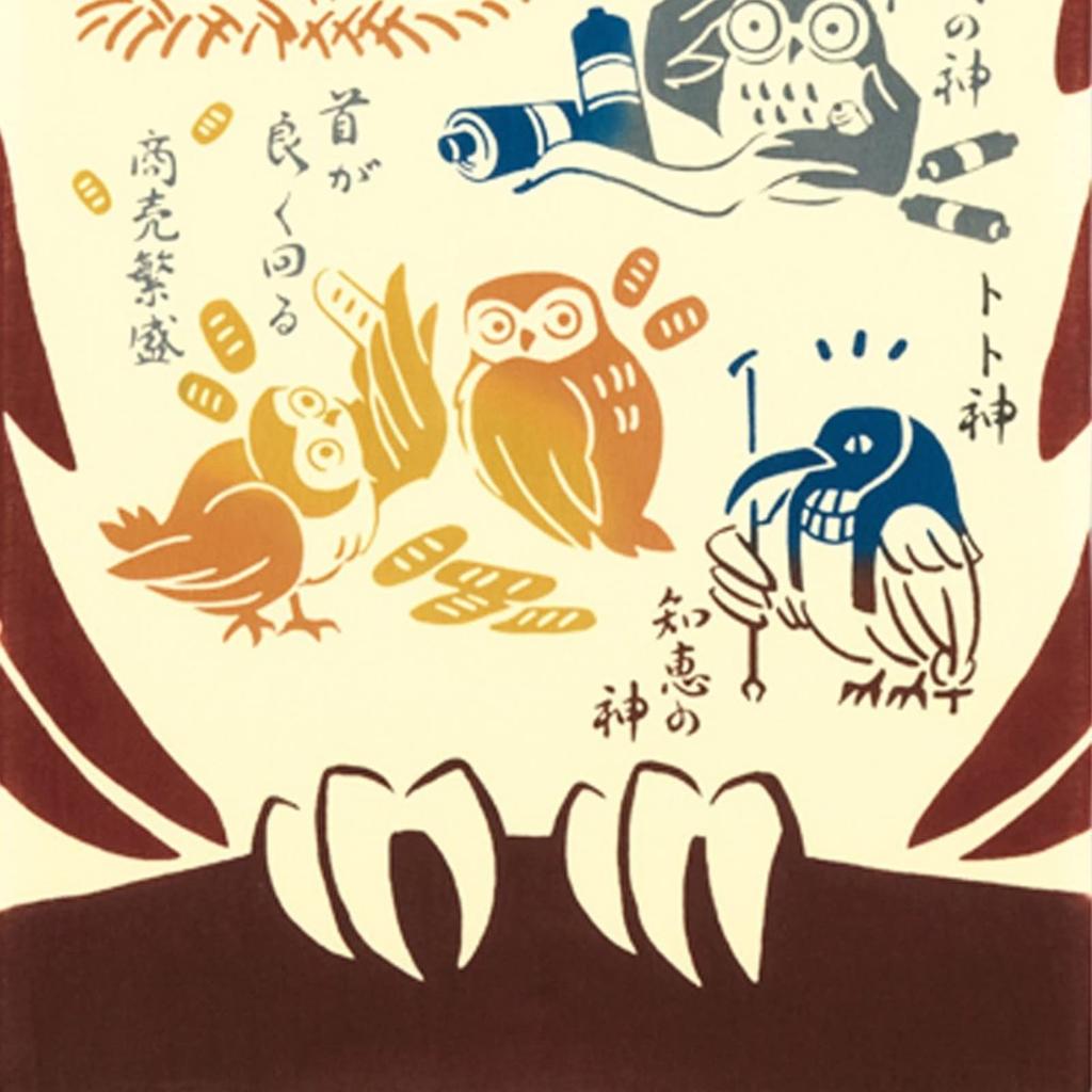 Miyamoto Kenema Tenugui Hand Lucky Owl 35 X 90 Cm Chusen-dyed (Japanese Towel) - (50202) - Approx.