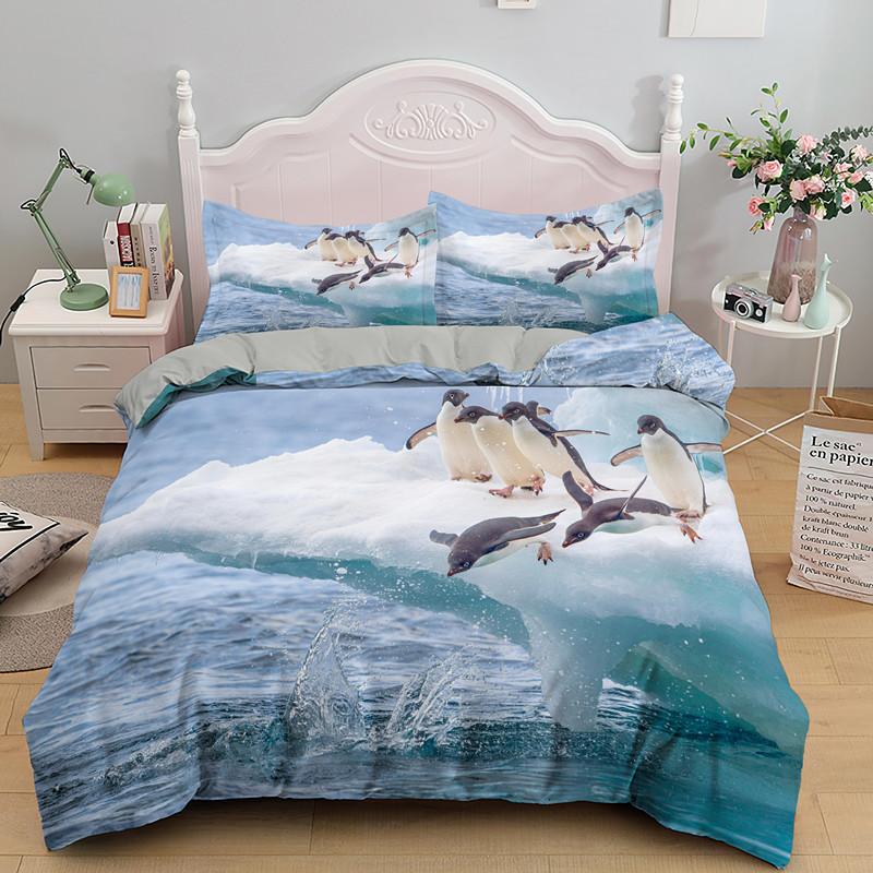 Penguin King Queen Duvet Cover Lovely Black White Antarctic Animals Bedding Set For Kids Wildlife 2/3pcs Polyester Quilt Cover