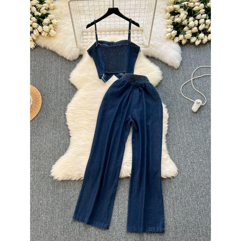 Chic Hong Kong Style Retro Denim Suit Female Stylish Striped Camisole Fashionable All-Match Wide Leg Pants Two-piece Set