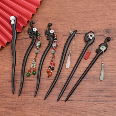 Ancient Style Black Sandalwood Tassel Hairpin for Qipao & Hanfu