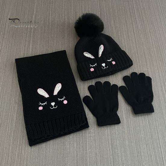 Warm Knitted Hat for Toddlers Winter Gloves Scarf Set Kids, Pompom Hat, Cute Essentials Bunny Embroidery, Cozy Boys Girls Ages 2 to 6 Outings