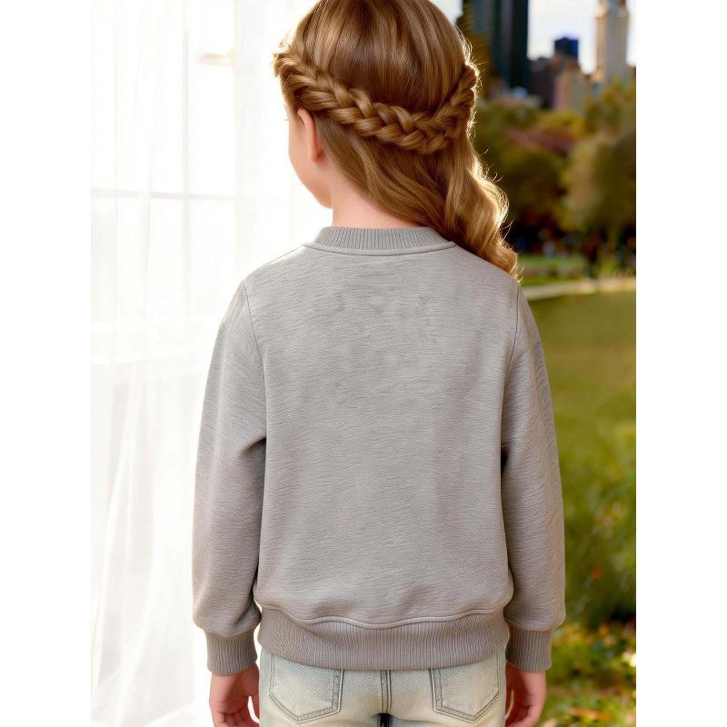 Girl's Round Neck Sweatshirt with Printed Number 67 Design, Featuring a Stylized Orca Pattern On the Chest