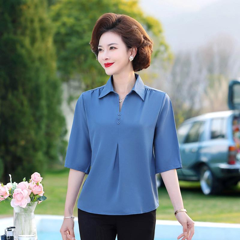 Mom's Summer Chic Imitation Silk Mid-Sleeve Top for Women - Plus Size