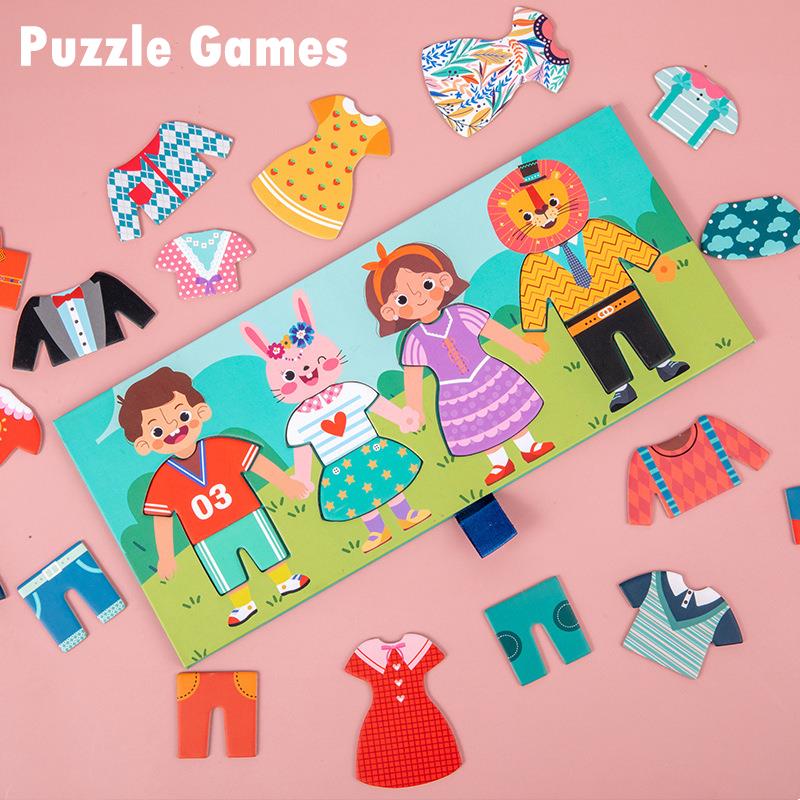 Wooden Kids Clothes Drying Dress-Up Puzzle Jigsaw Montessori Games Toys Thinking Games Educational Matching Sorting Toys Gifts