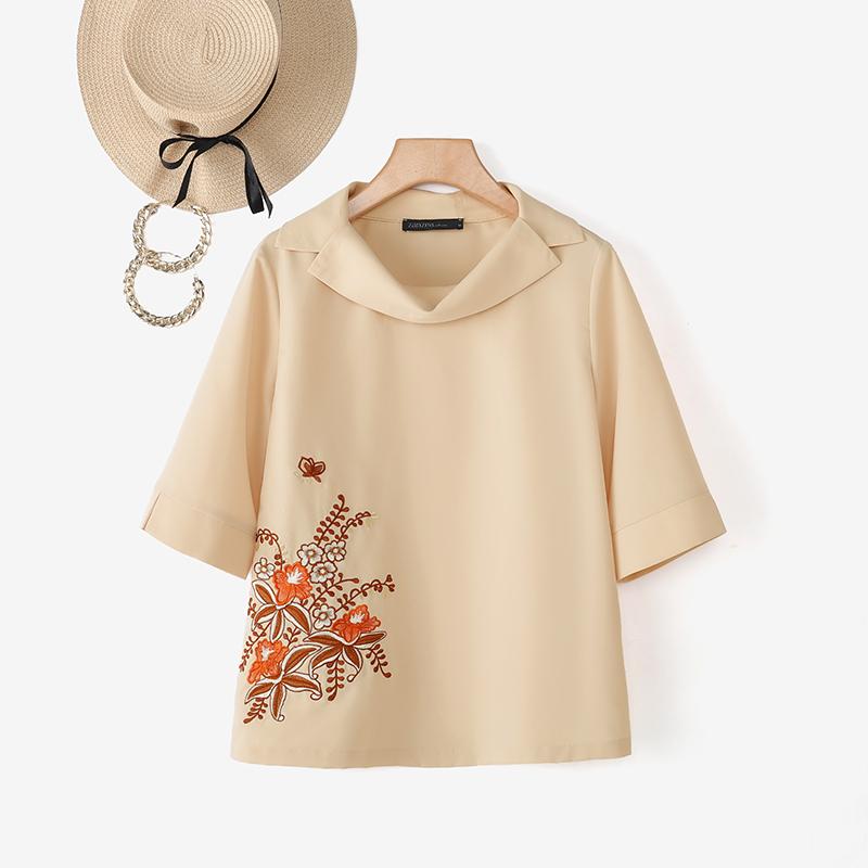 ZANZEA Women Casual Pile Collar Loose Summer Floral Embroidery Half Sleeve Blouse