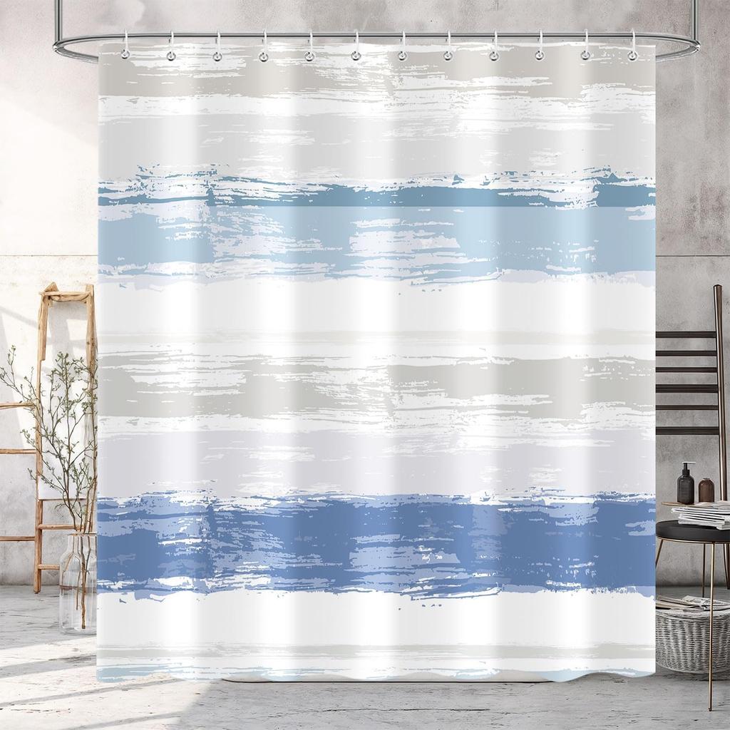 Blau und Grau Gestreifter Duschvorhang, Abstrakt Modern Minimalistisch Ästhetisch Geometrisch Hotel Badezimmer Dekor Stoff Hellblau Weiß