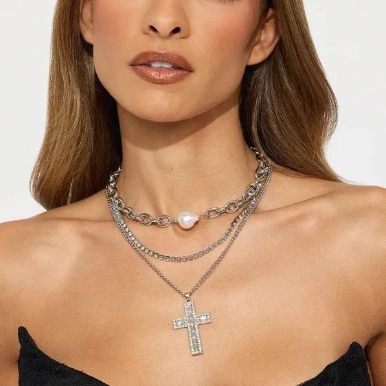 Cross Pendant Necklace For Women With Multilayer Geometric Design In Zinc Alloy For Daily Fashion