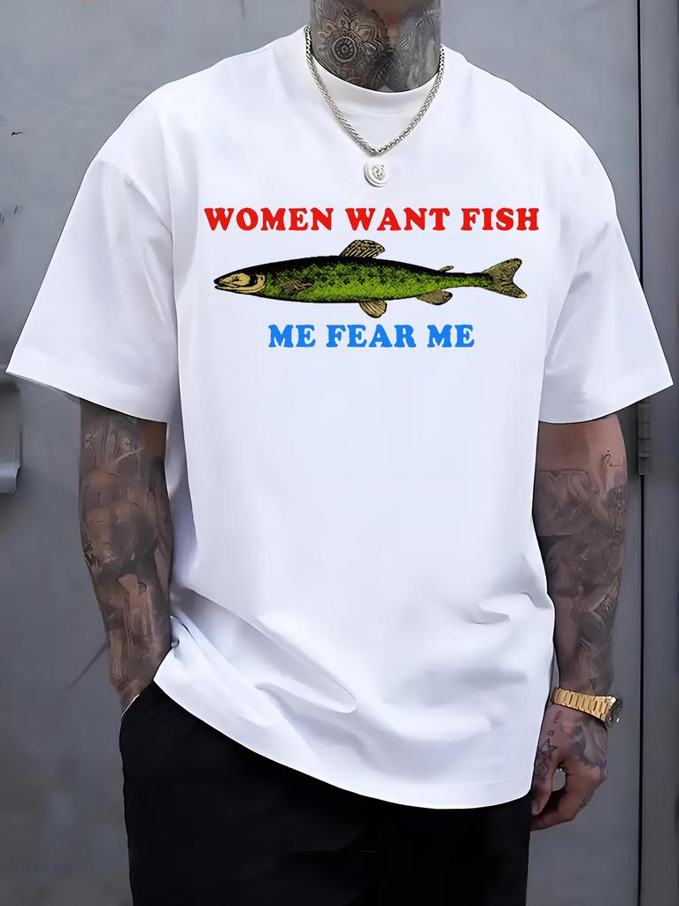 Unisex O Neck Tee Funny Text And Vintage Fish Graphic Print Cotton Short Sleeve Loose Summer Breathable Daily Casual Basic Wear Top