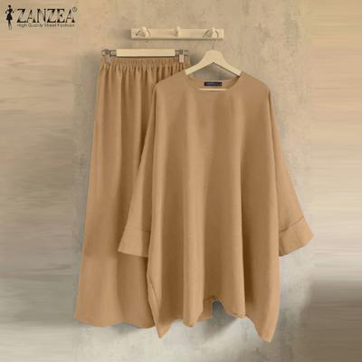 Women Casual Round Neck Drop Shoulder 3/4 Sleeve Top and Skirt Sets