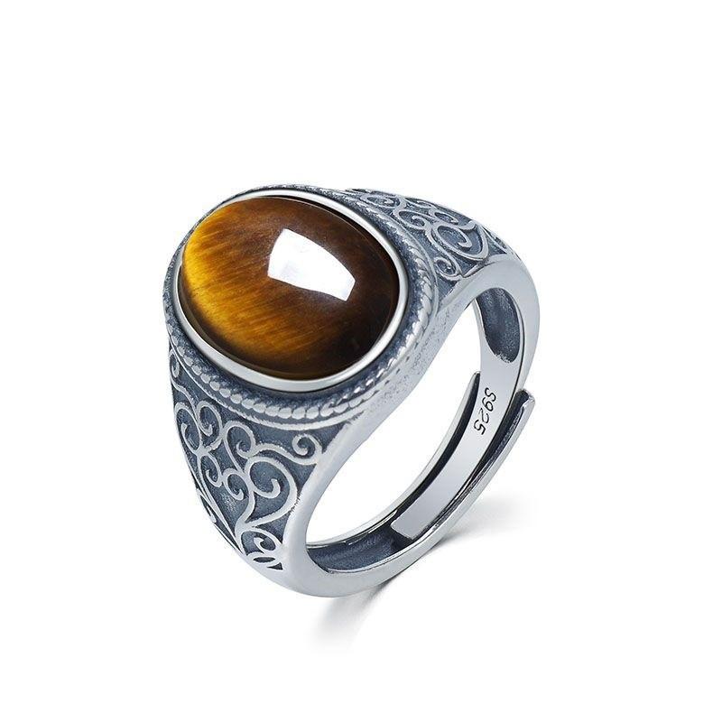 S925 Silver Tiger Eye Stone Live Mouth Men's Ring Vintage Style Natural Gift Opening Ring Gold Sense 2026