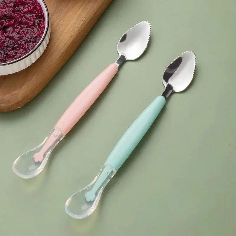 Stainless Steel Baby Food Spoon 304 Double Head Fruit Puree Scraper Silicone Soft Infant Feeding Utensil Complementary Food Tool