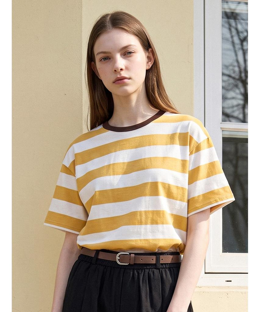 Poebeo21 Summer Neck Color Block Stripe Short Sleeve T-Shirt (Ftdbts064)