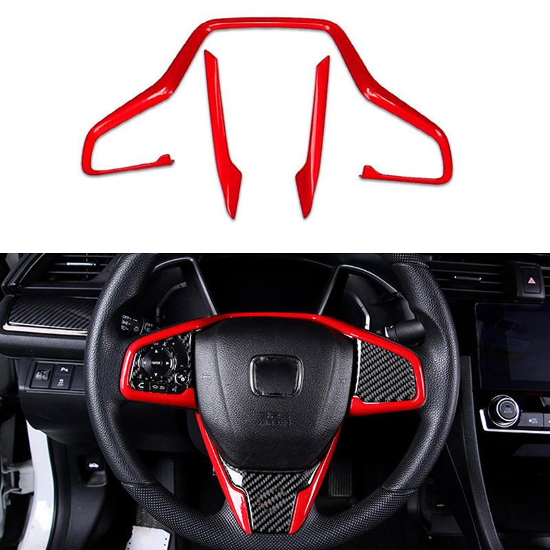 3Pcs Car Interior Steering Wheel Cover Trim Red Auto Interior Remodeling Decor for Honda Civic 10th 2016-2018