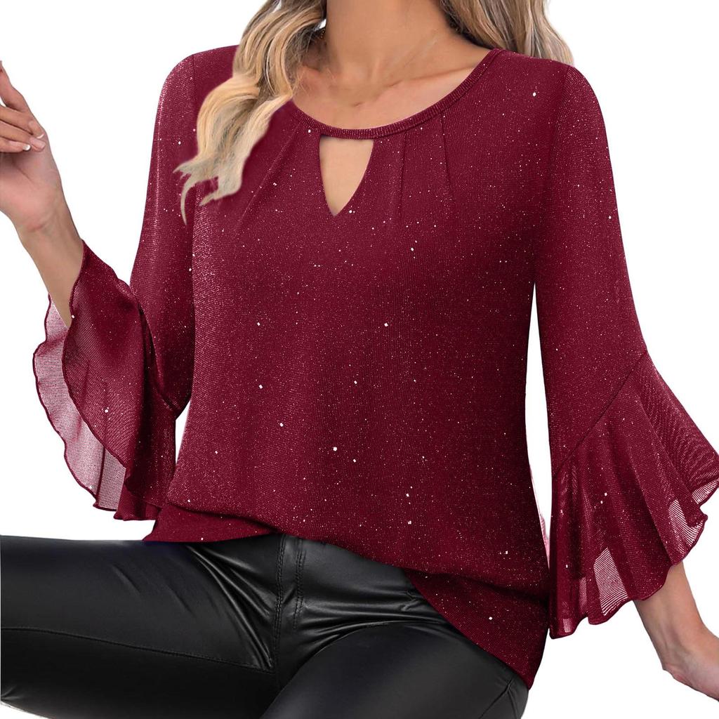 Women's Elegant Ruffled Shiny Stamped Seven-Sleeve Double Layer Mesh Top
