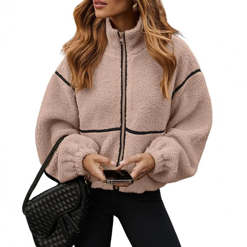 Womens Fall Winter Color Block Fleece Zip Up Warm Plush Jacket Casual Loose Fit