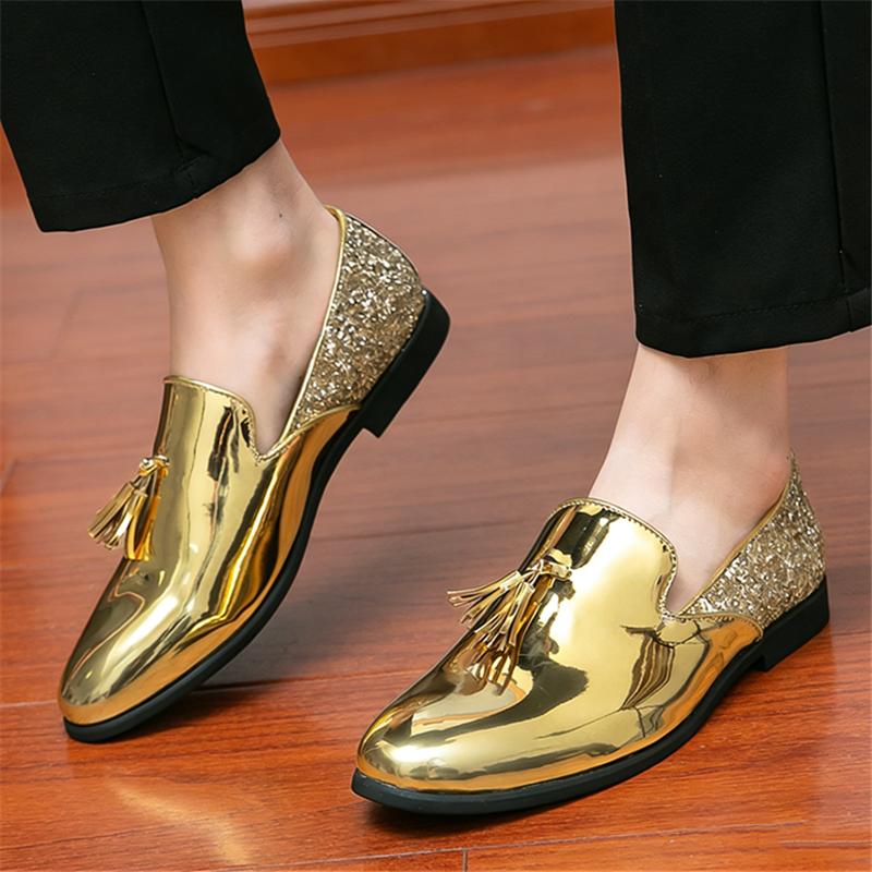 Fashion Men's Gold Black Sequin Tassels Patent Leather Casual Shoes Male Formal Wedding Dress Homecoming Footwear Zapatos Hombre