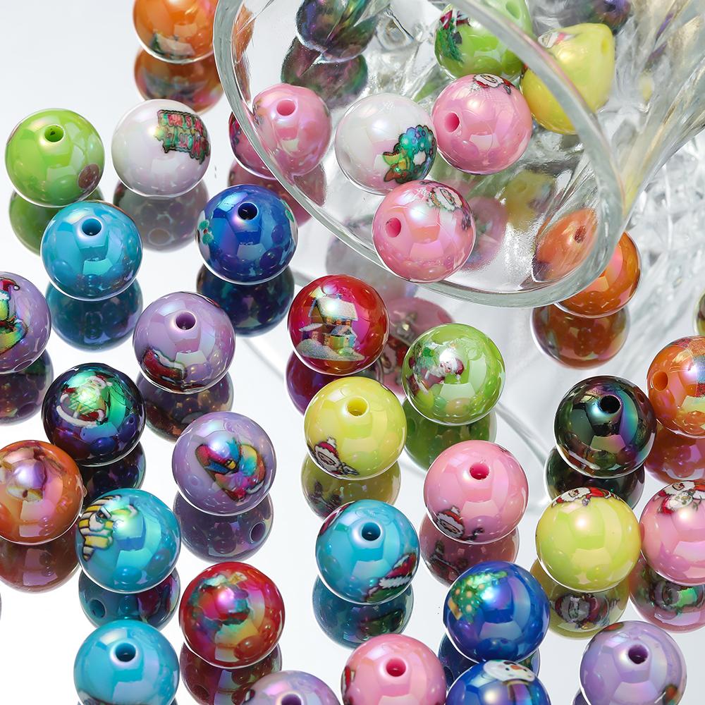 5pcs Acrylic Christmas Print Beads Colorful Square Round Spacer Bead for Bracelet Keychain DIY Jewelry Making Accessories