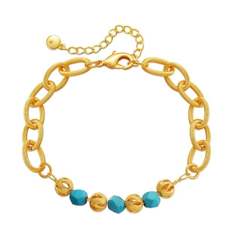 French Neutral 18k Gold Plated Brass Interlocking Chain Hollow Turquoise Bracelet