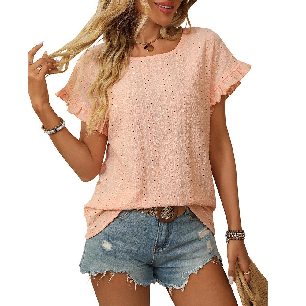 Women Solid Crew Neck Short Sleeve T‑Shirt Hollow Out Petal Sleeve Loose Casual Blouse For Spring Summer Daily Wear