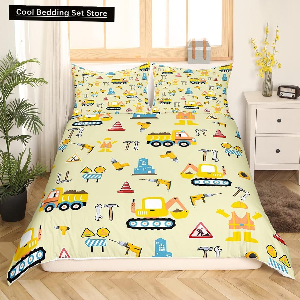 Truck Excavator King Queen Duvet Cover Yellow Tractor Bedding Set for Kids Boys Girls Cartoon Car Transporter 2/3pcs Quilt Cover