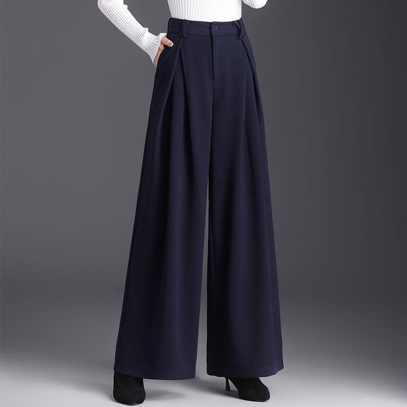 Women's High-Waist Woolen Wide-Leg Winter Pants with Pockets – Slimming, Non-Iron, Casual, Thickened Design for Mothers