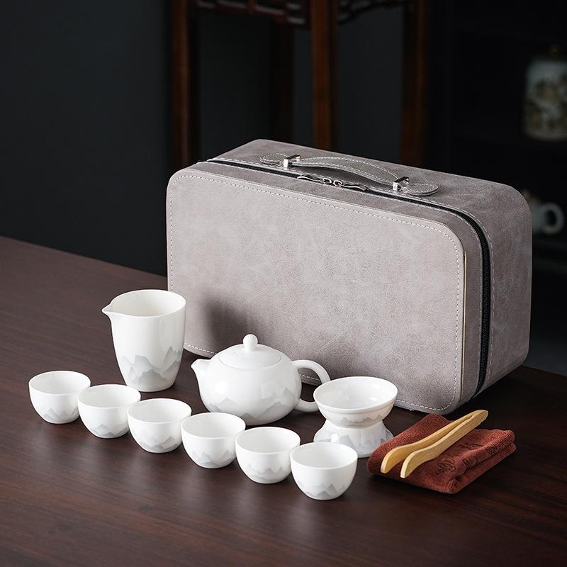 Suet jade white porcelain ink Kung Fu tea set high-end household tea