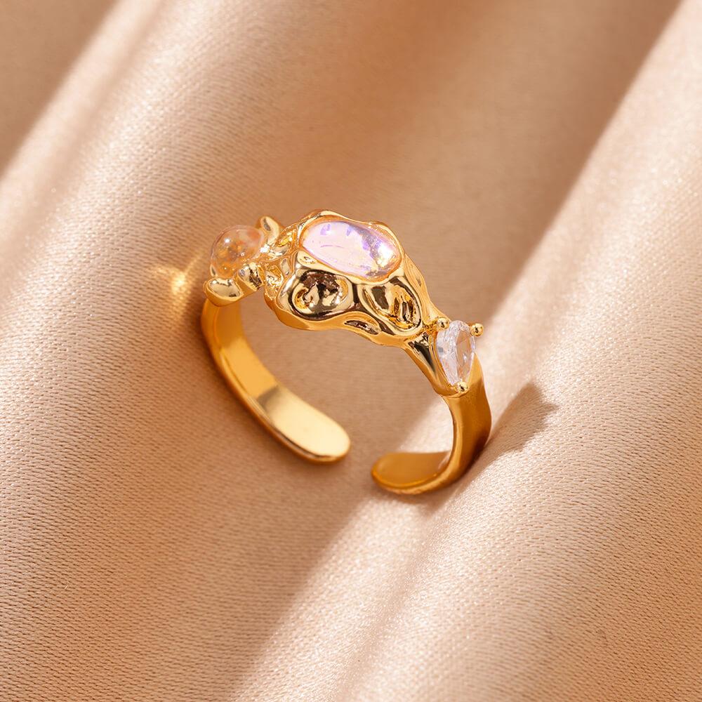 Pink Zircon Stainless Steel Rings for Women Retro Gold Color Open Ring Fashion Jewelry Anti Fading Prom Accessories Birthday