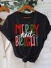 Unisexs Merry And Bright Christmas Letter Print Tshirt Sleeve Crew Neck Casual With Red Green Holiday Design Aesthetic Clothes