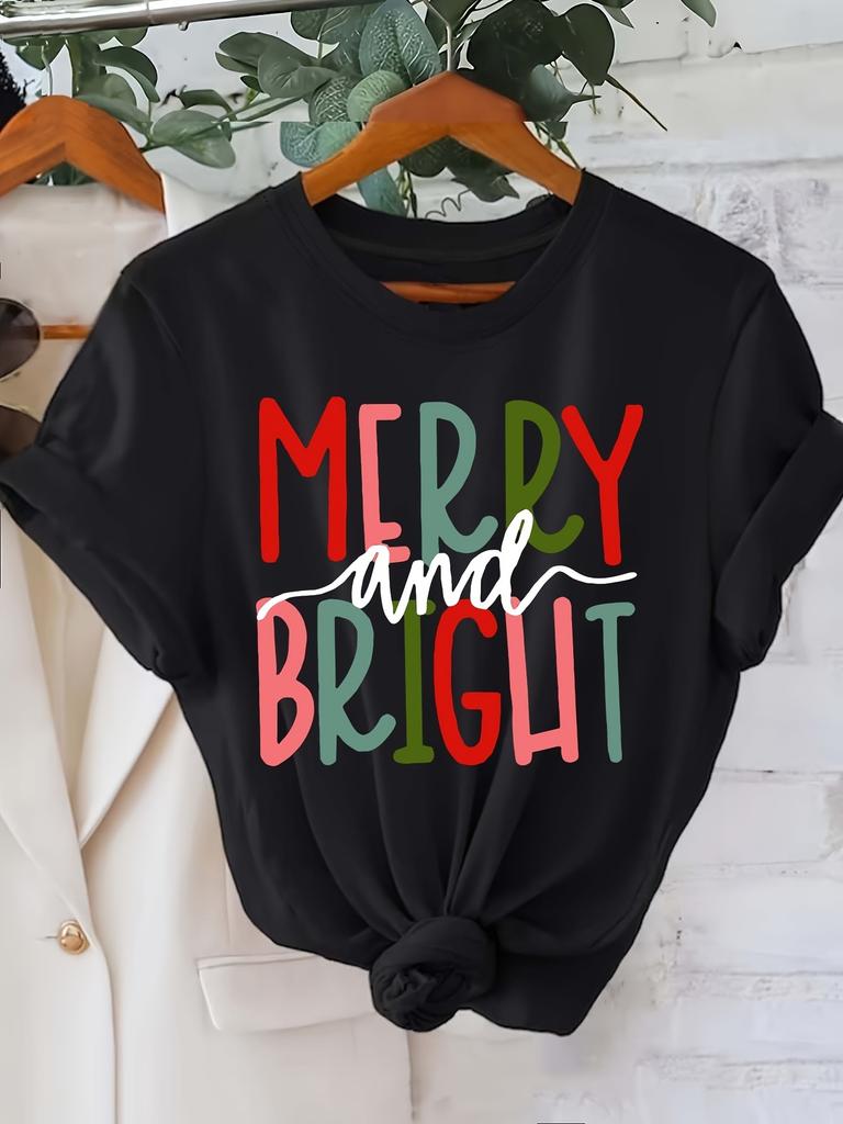 Unisexs Merry And Bright Christmas Letter Print Tshirt Sleeve Crew Neck Casual With Red Green Holiday Design Aesthetic Clothes