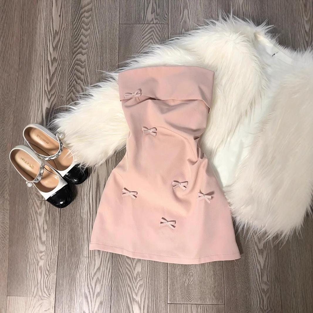 Korean Style Pink Strapless Dress with 3D Bow - Waist-Cinched Short Skirt for Women, Spring/Summer XL розовый