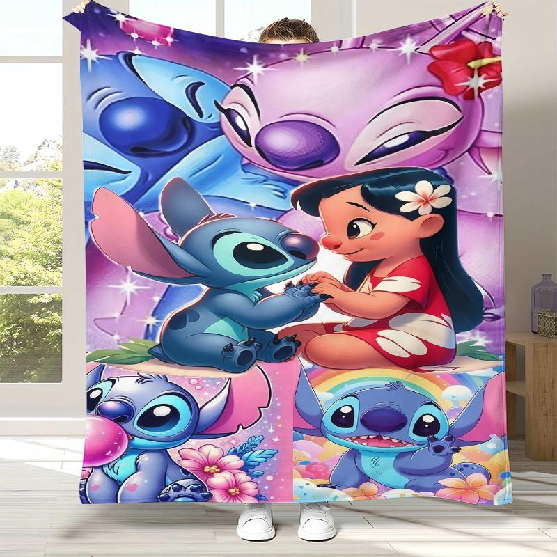 Cartoon Lilo Stitch Angel Flannel Blanket,Ultra Soft Warm Plush Throw for Home Bedroom Bed Sofa Cover Camping Picnic Gift